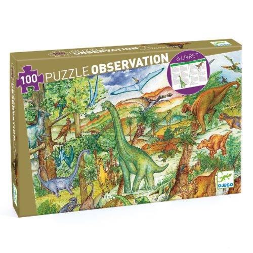 Dinoszauruszok, 100 db-os megfigyelő puzzle - Dinosaurs + booklet - 100 pcs - Djeco
