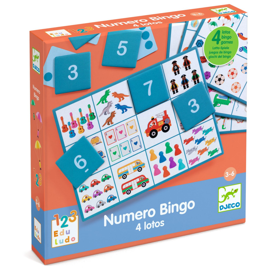 Szám bingó Numero Bingo Djeco fejlesztő társasjáték a számjegyek és mennyiségek párosításához, 3 éves kortól